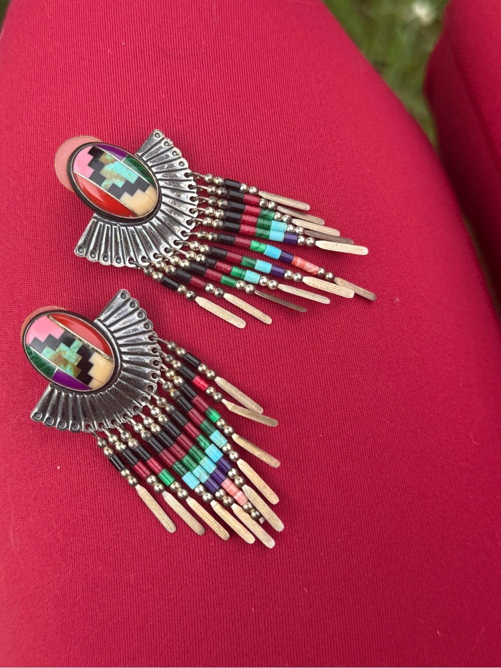 Vintage Q.T. Sterling Multi Stone Inlay Fringe Earrings Southwest Boho Statement